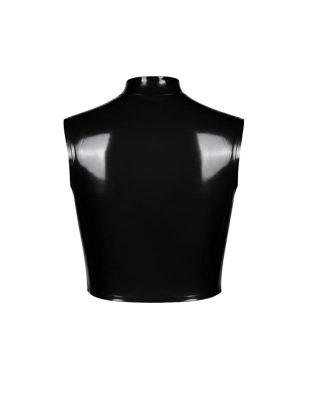 A high-shine black latex sleeveless top by Ribcage, featuring a structured mock neck, a bold front-zip closure secured with snap buttons, and a compressive second-skin cropped silhouette.