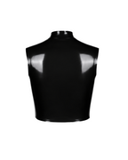 A high-shine black latex sleeveless top by Ribcage, featuring a structured mock neck, a bold front-zip closure secured with snap buttons, and a compressive second-skin cropped silhouette.