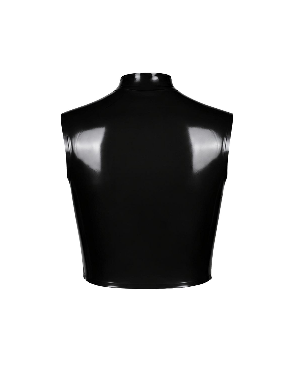 A high-shine black latex sleeveless top by Ribcage, featuring a structured mock neck, a bold front-zip closure secured with snap buttons, and a compressive second-skin cropped silhouette.