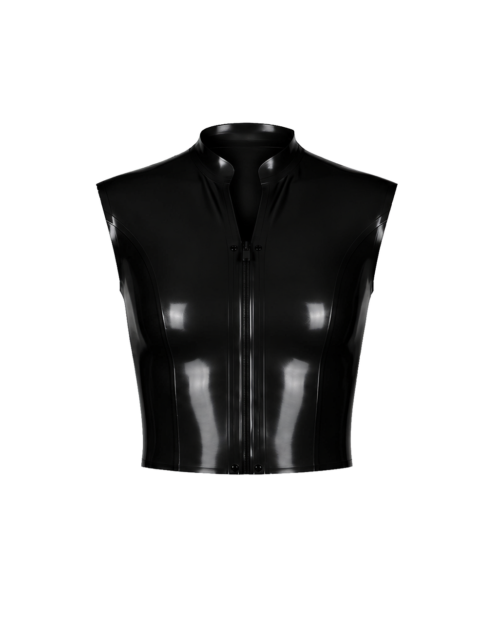A high-shine black latex sleeveless top by Ribcage, featuring a structured mock neck, a bold front-zip closure secured with snap buttons, and a compressive second-skin cropped silhouette.