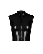 A high-shine black latex sleeveless top by Ribcage, featuring a structured mock neck, a bold front-zip closure secured with snap buttons, and a compressive second-skin cropped silhouette.