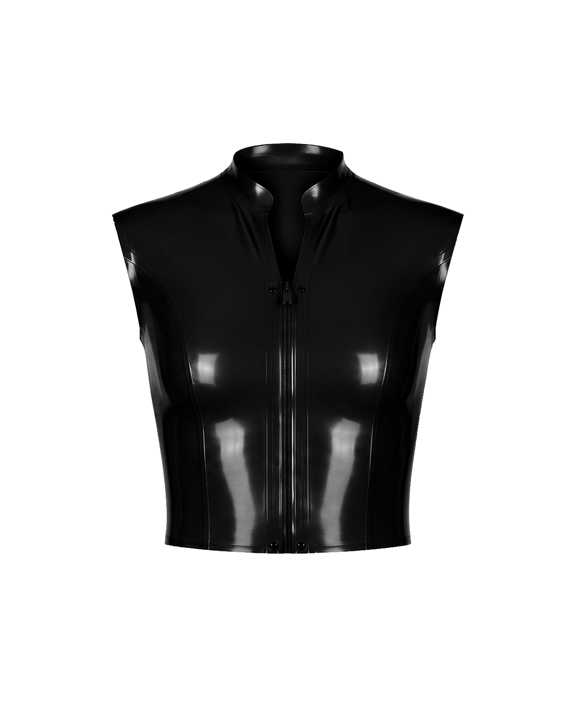 A high-shine black latex sleeveless top by Ribcage, featuring a structured mock neck, a bold front-zip closure secured with snap buttons, and a compressive second-skin cropped silhouette.