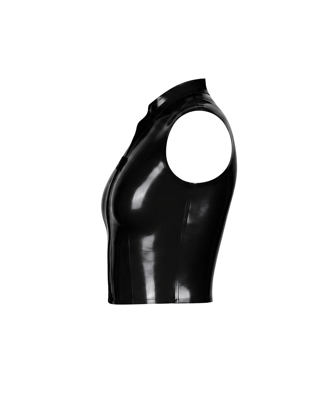 A high-shine black latex sleeveless top by Ribcage, featuring a structured mock neck, a bold front-zip closure secured with snap buttons, and a compressive second-skin cropped silhouette.