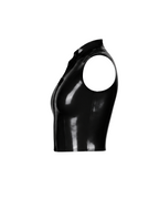 A high-shine black latex sleeveless top by Ribcage, featuring a structured mock neck, a bold front-zip closure secured with snap buttons, and a compressive second-skin cropped silhouette.