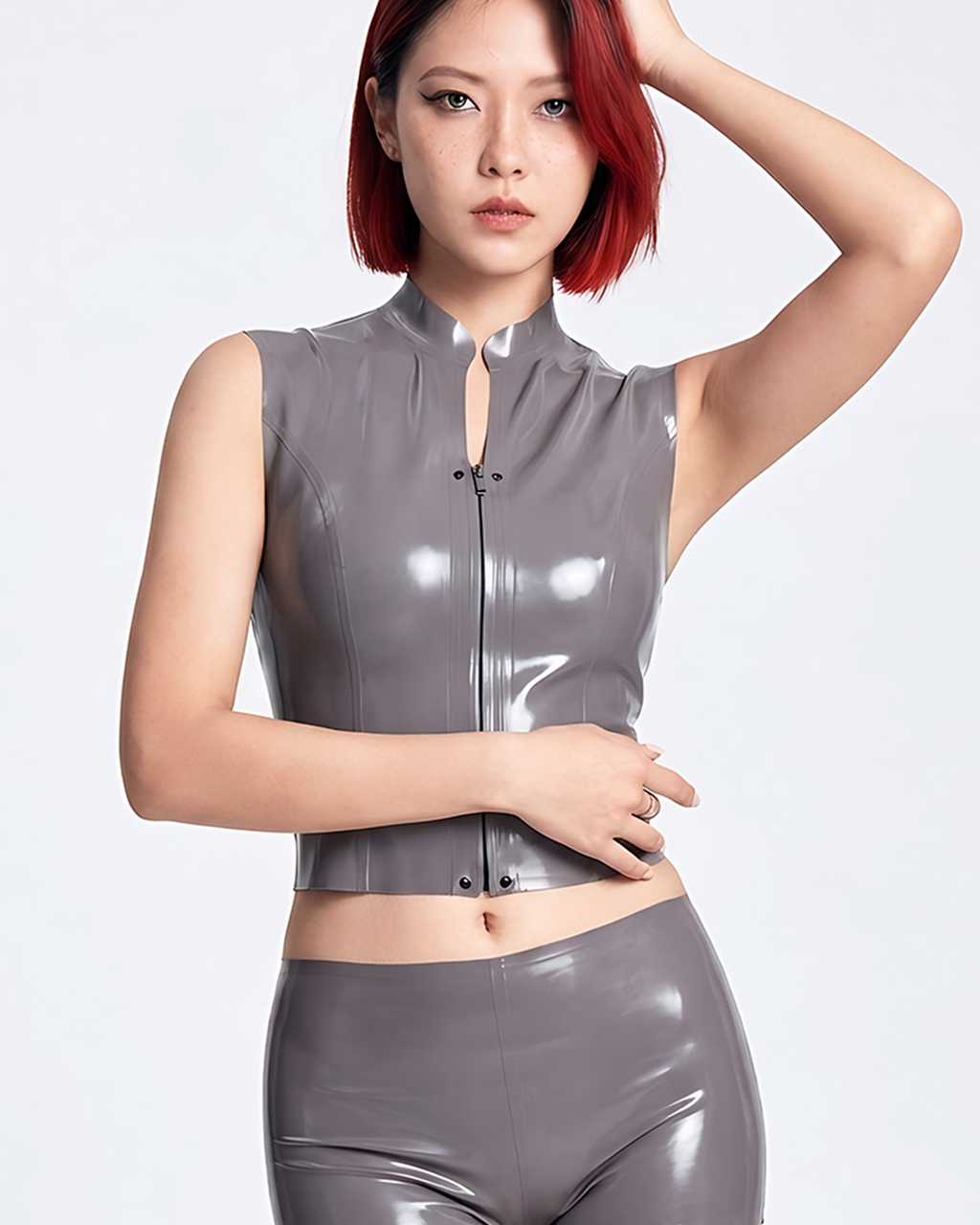 A model shown from the front wearing a high-shine metallic taupe-grey latex sleeveless top by Ribcage, featuring a structured mock neck, a bold front-zip closure secured with snap buttons, and a compressive second-skin cropped silhouette.