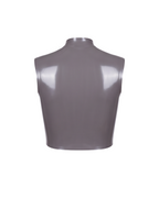 A high-shine metallic taupe-grey latex sleeveless top by Ribcage, featuring a structured mock neck, a bold front-zip closure secured with snap buttons, and a compressive second-skin cropped silhouette.