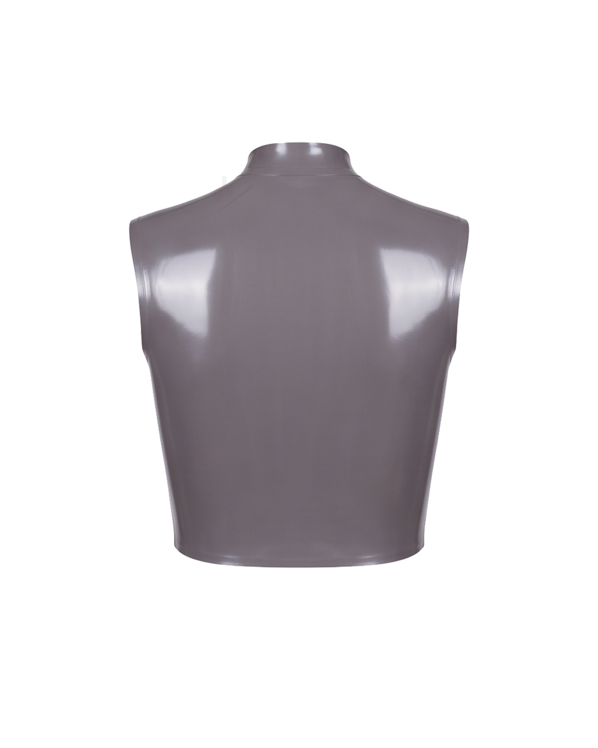 A high-shine metallic taupe-grey latex sleeveless top by Ribcage, featuring a structured mock neck, a bold front-zip closure secured with snap buttons, and a compressive second-skin cropped silhouette.