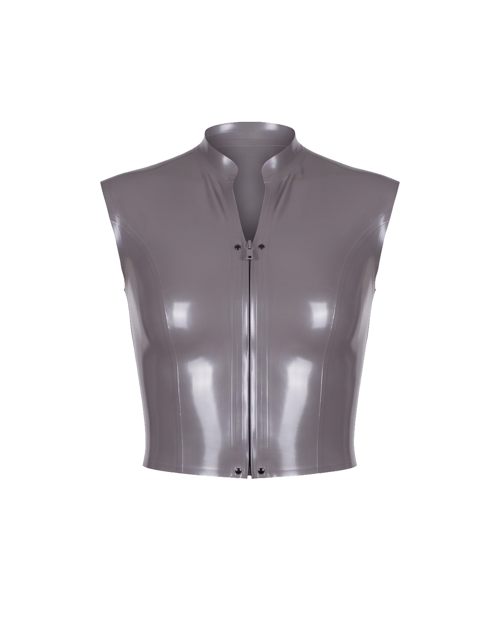 A high-shine metallic taupe-grey latex sleeveless top by Ribcage, featuring a structured mock neck, a bold front-zip closure secured with snap buttons, and a compressive second-skin cropped silhouette.