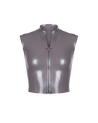 A high-shine metallic taupe-grey latex sleeveless top by Ribcage, featuring a structured mock neck, a bold front-zip closure secured with snap buttons, and a compressive second-skin cropped silhouette.