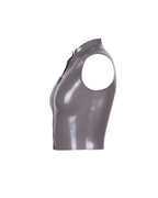 A high-shine metallic taupe-grey latex sleeveless top by Ribcage, featuring a structured mock neck, a bold front-zip closure secured with snap buttons, and a compressive second-skin cropped silhouette.