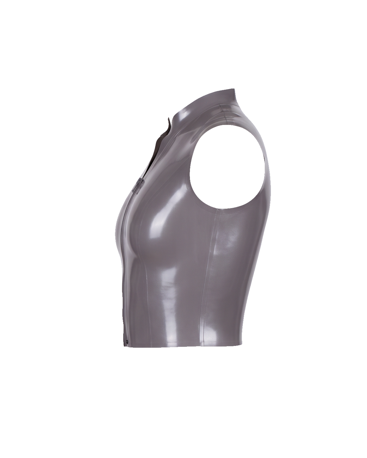 A high-shine metallic taupe-grey latex sleeveless top by Ribcage, featuring a structured mock neck, a bold front-zip closure secured with snap buttons, and a compressive second-skin cropped silhouette.