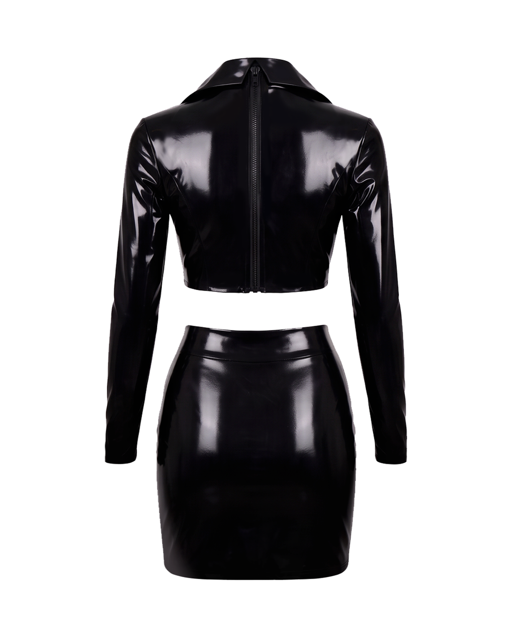 A back view of the high-shine black latex two-piece suit by Ribcage, featuring the cropped long-sleeve top with a back zipper closure and the seamless high-waisted pencil mini skirt, displayed on a clean white background.