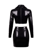 A back view of the high-shine black latex two-piece suit by Ribcage, featuring the cropped long-sleeve top with a back zipper closure and the seamless high-waisted pencil mini skirt, displayed on a clean white background.