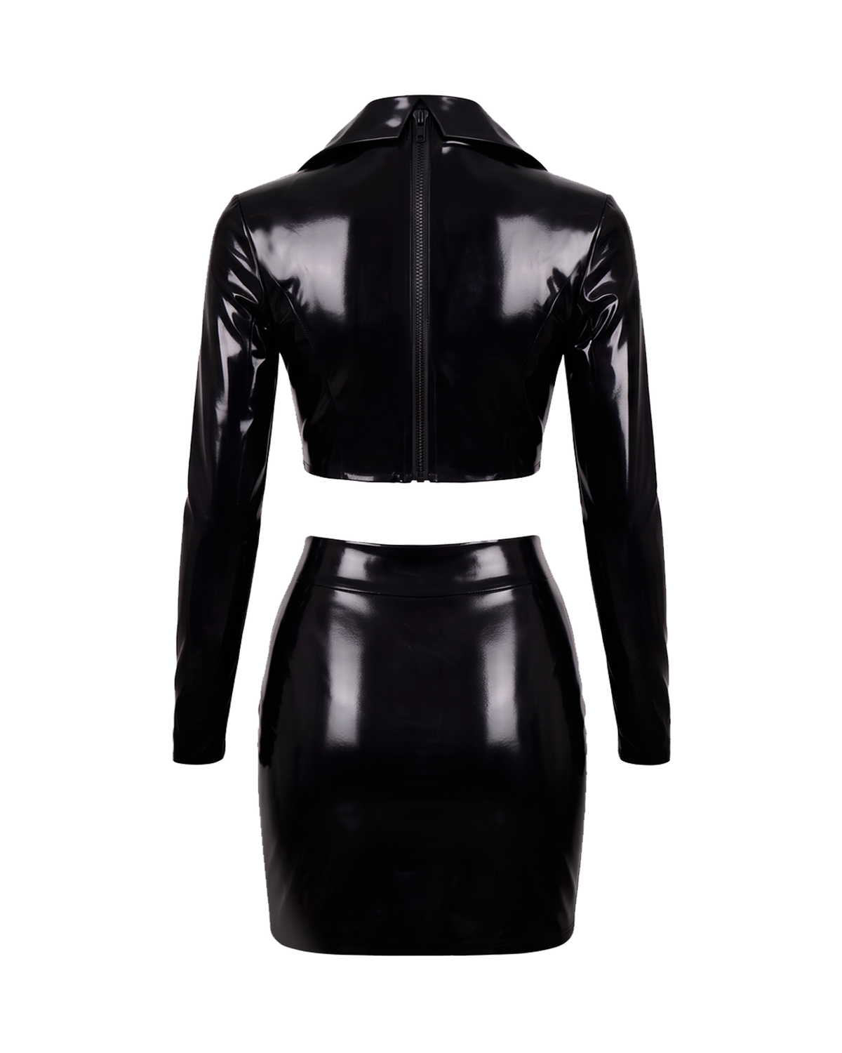 A back view of the high-shine black latex two-piece suit by Ribcage, featuring the cropped long-sleeve top with a back zipper closure and the seamless high-waisted pencil mini skirt, displayed on a clean white background.