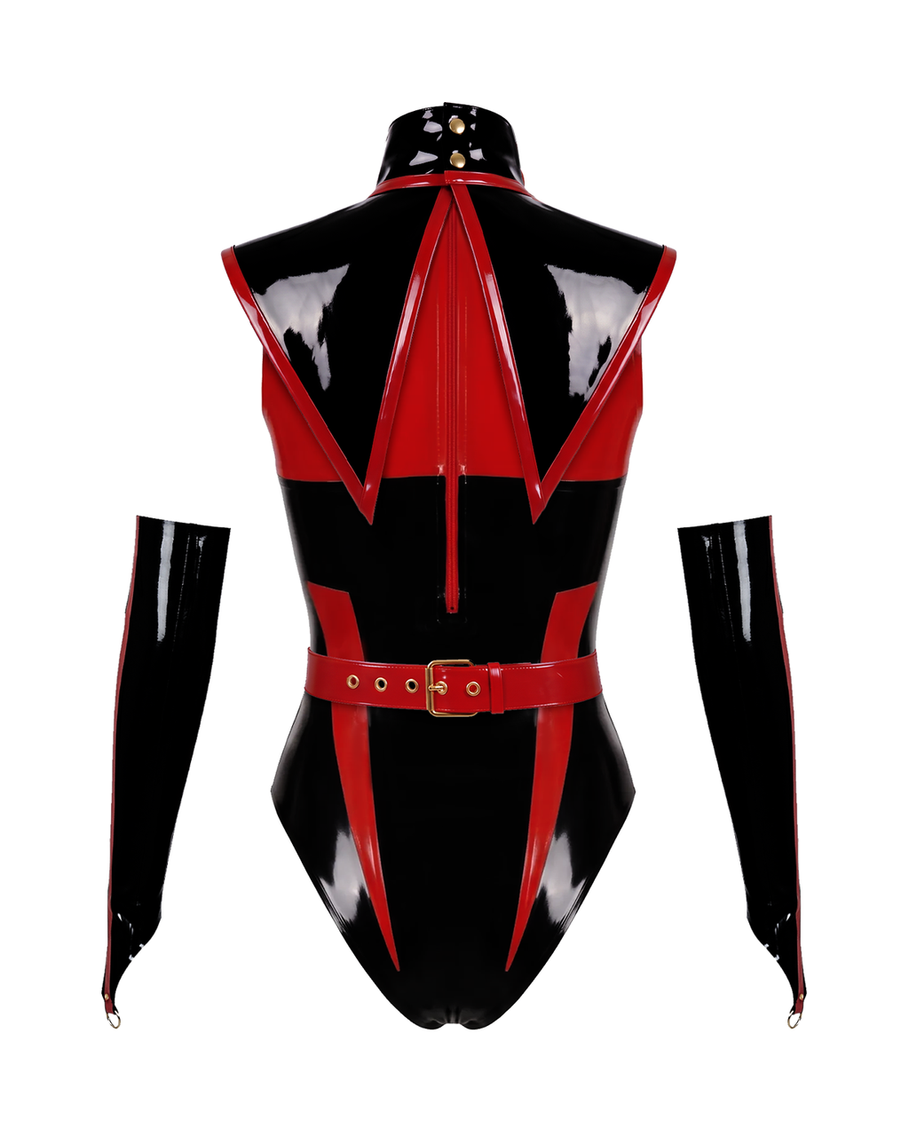 A back view of the high-shine black and red latex The Fallen Angel Suit by Ribcage Latex, featuring a compressive bodysuit with a back zipper closure, matching detached sleeves, and bold red architectural paneling.