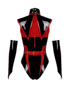 A back view of the high-shine black and red latex The Fallen Angel Suit by Ribcage Latex, featuring a compressive bodysuit with a back zipper closure, matching detached sleeves, and bold red architectural paneling.
