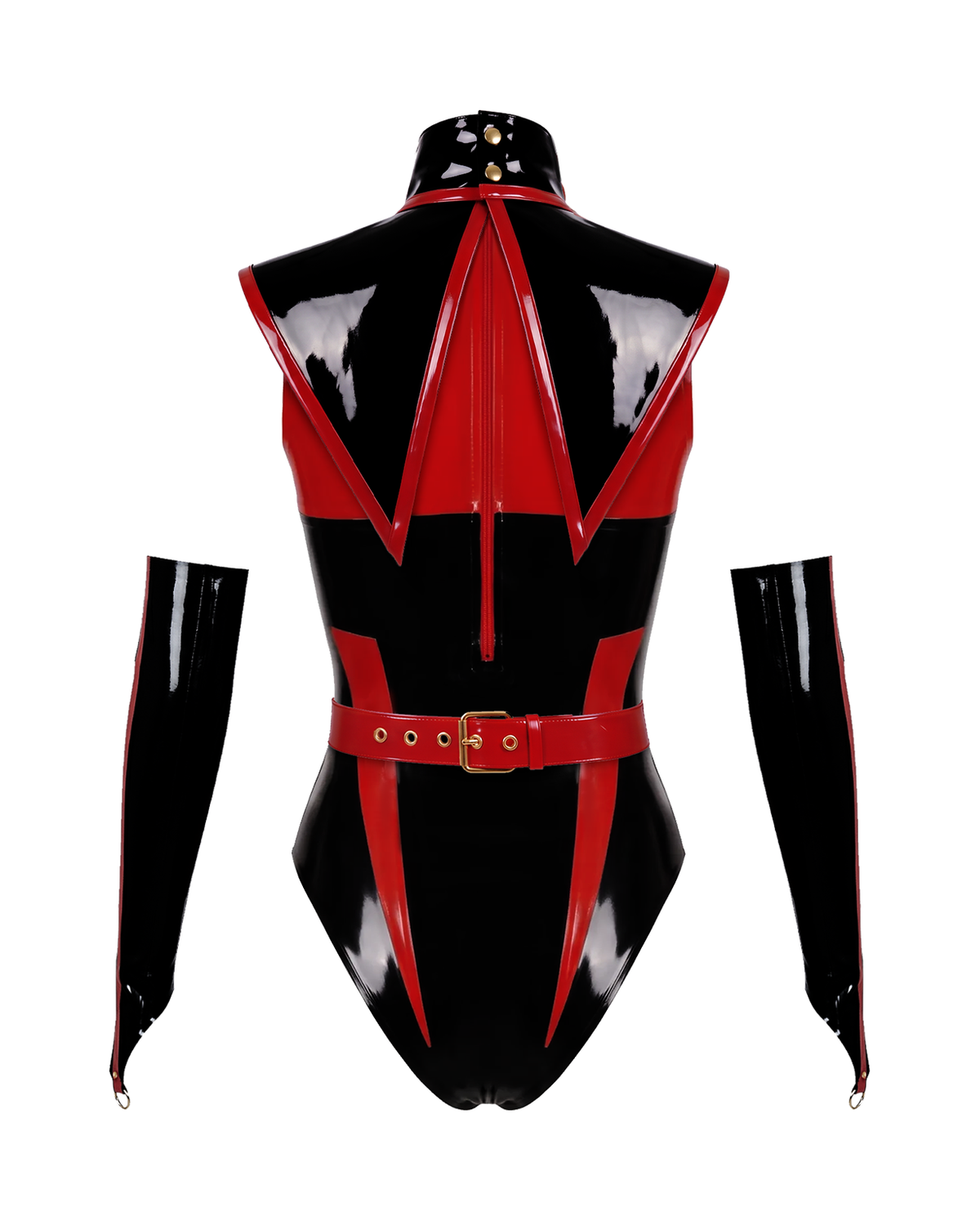 A back view of the high-shine black and red latex The Fallen Angel Suit by Ribcage Latex, featuring a compressive bodysuit with a back zipper closure, matching detached sleeves, and bold red architectural paneling.