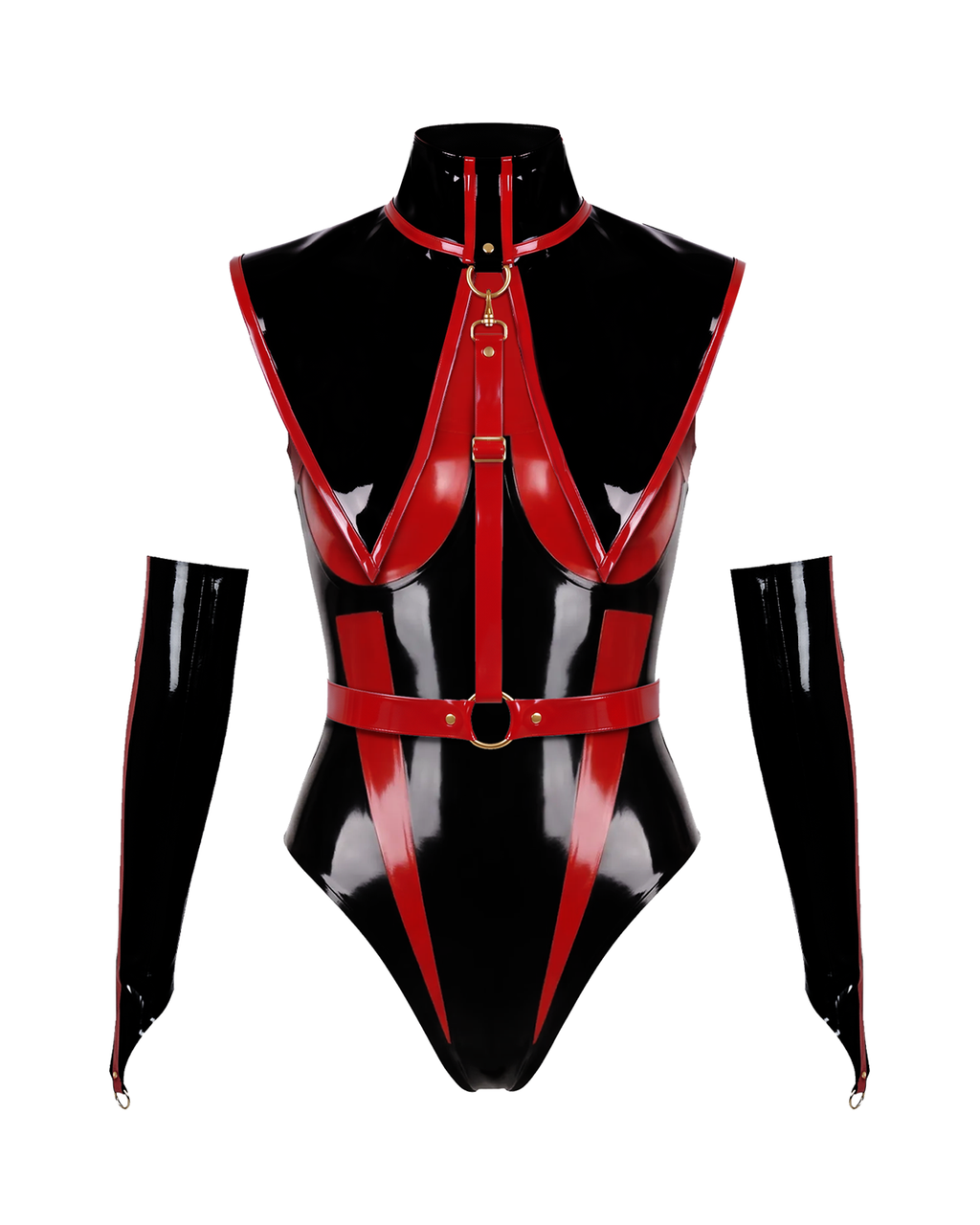 A front view of the high-shine black and red latex The Fallen Angel Suit by Ribcage Latex, featuring a high-neck bodysuit with bold contrast paneling and cold industrial metallic O-rings.