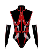 A front view of the high-shine black and red latex The Fallen Angel Suit by Ribcage Latex, featuring a high-neck bodysuit with bold contrast paneling and cold industrial metallic O-rings.