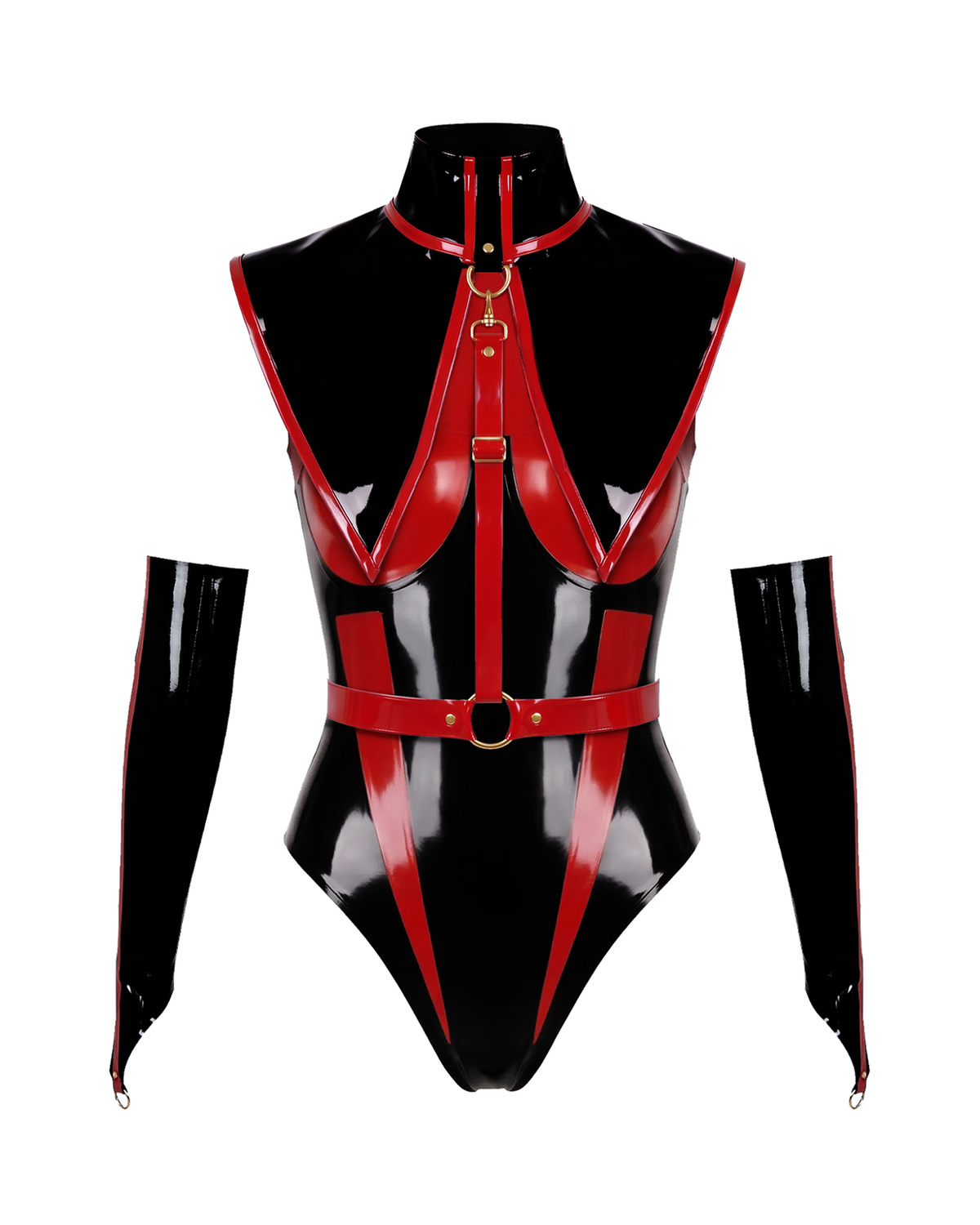 A front view of the high-shine black and red latex The Fallen Angel Suit by Ribcage Latex, featuring a high-neck bodysuit with bold contrast paneling and cold industrial metallic O-rings.
