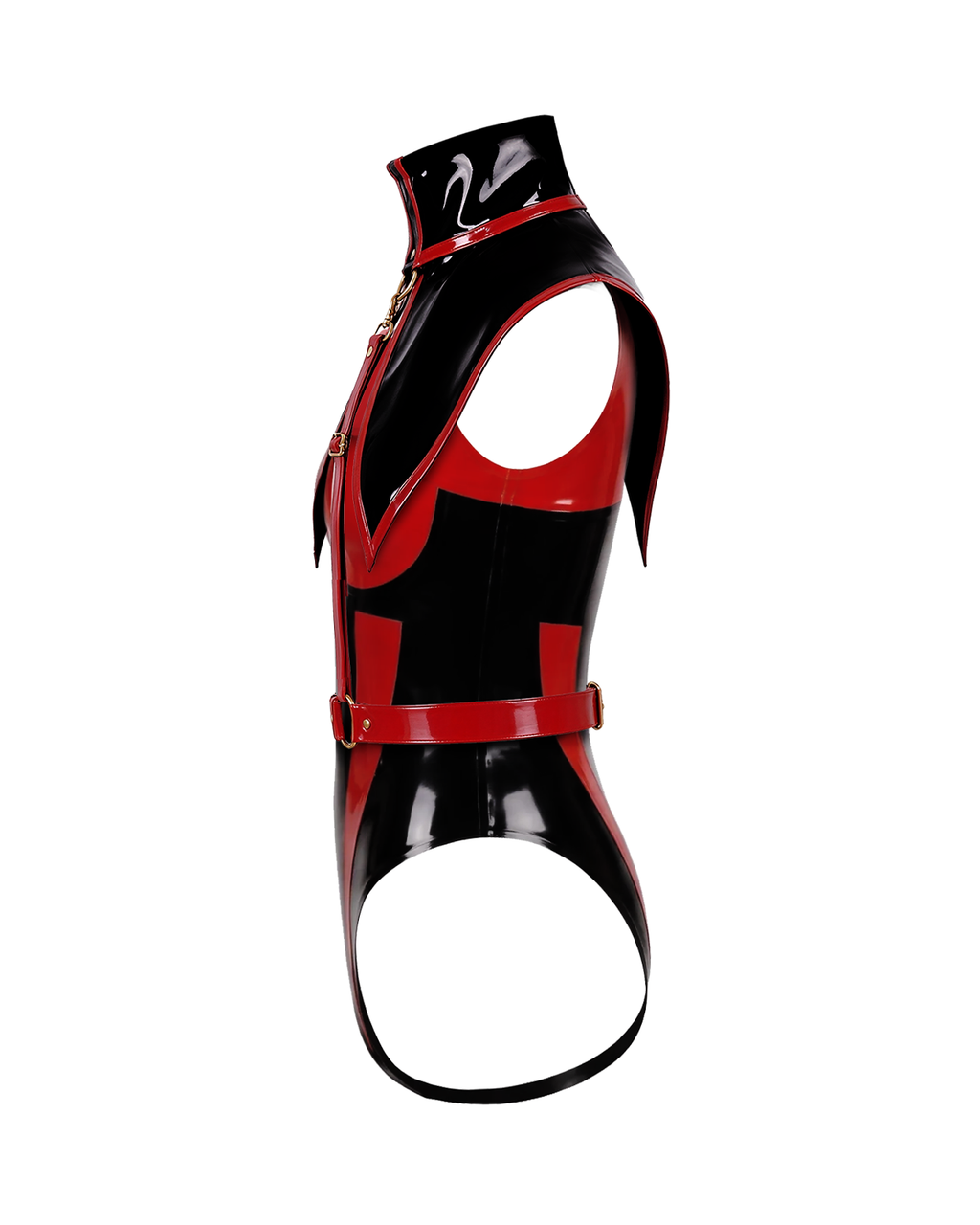 A side profile view of the high-shine black and red latex The Fallen Angel Suit by Ribcage Latex, featuring an aggressive second-skin fit, bold red paneling, and a structured capelet.