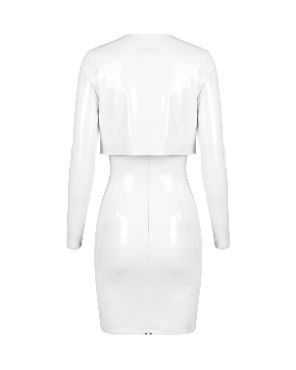 A high-shine white latex two-piece ensemble by Ribcage, featuring a minimalist spaghetti strap cami dress and a structured long-sleeve bolero, designed with a compressive second-skin fit.