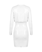 A high-shine white latex two-piece ensemble by Ribcage, featuring a minimalist spaghetti strap cami dress and a structured long-sleeve bolero, designed with a compressive second-skin fit.