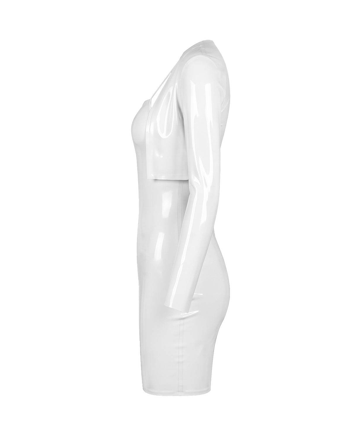 A high-shine white latex two-piece ensemble by Ribcage, featuring a minimalist spaghetti strap cami dress and a structured long-sleeve bolero, designed with a compressive second-skin fit.