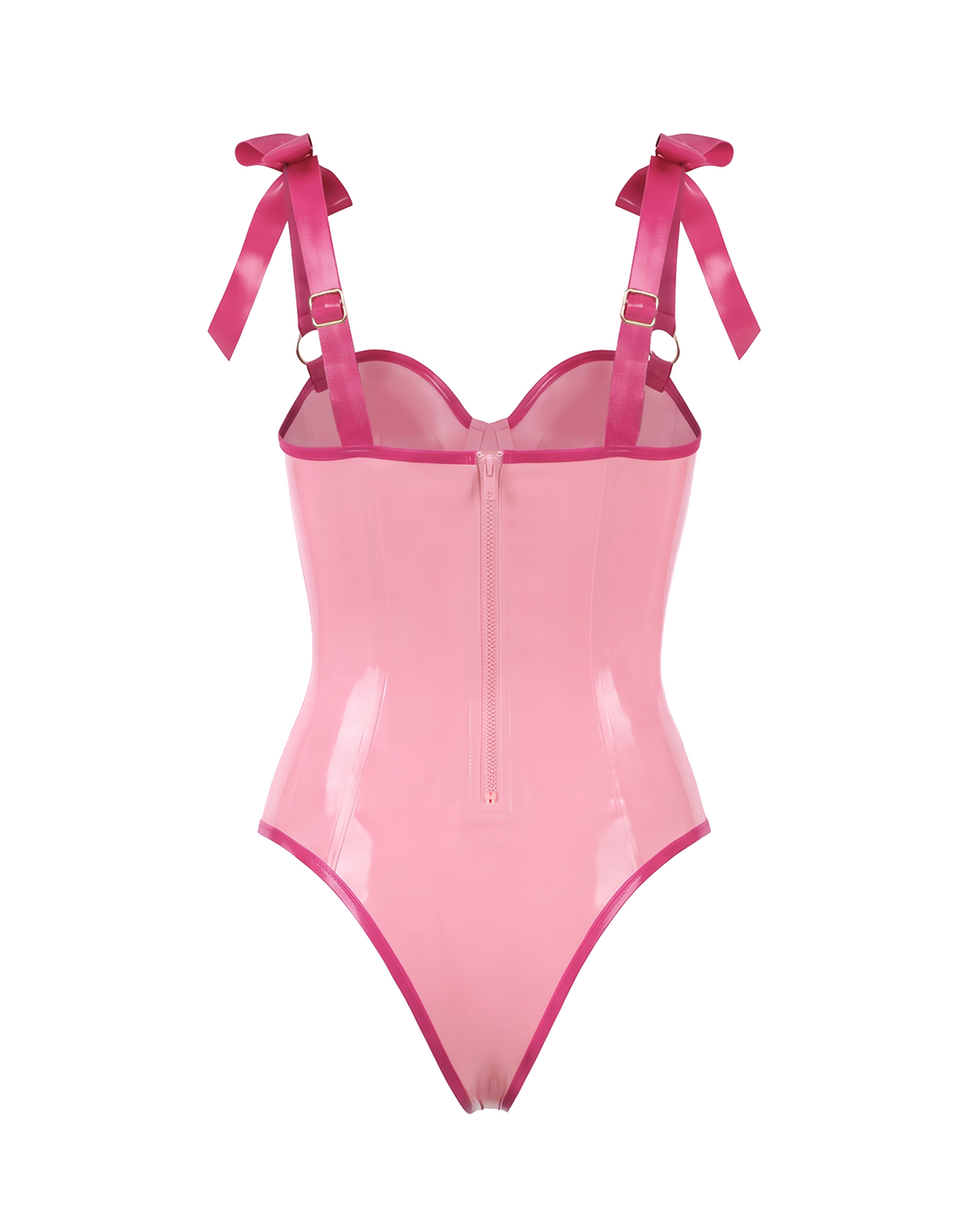 A metallic pink latex bodysuit by Ribcage, featuring a sweetheart neckline with a center bow, structured bow shoulder straps, and a high-cut leg silhouette.