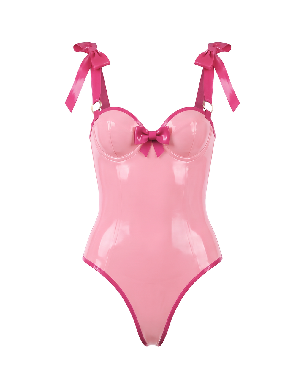 A metallic pink latex bodysuit by Ribcage, featuring a sweetheart neckline with a center bow, structured bow shoulder straps, and a high-cut leg silhouette.