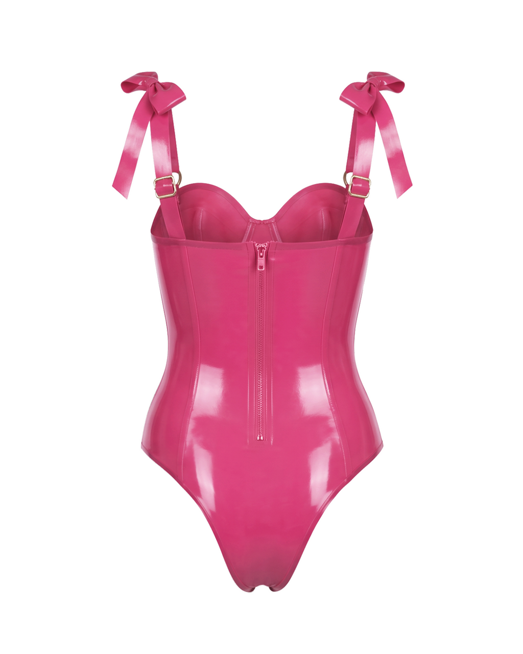 A vivid fuchsia latex bodysuit by Ribcage, featuring a sweetheart neckline with a center bow, structured bow shoulder straps, and a high-cut leg silhouette.