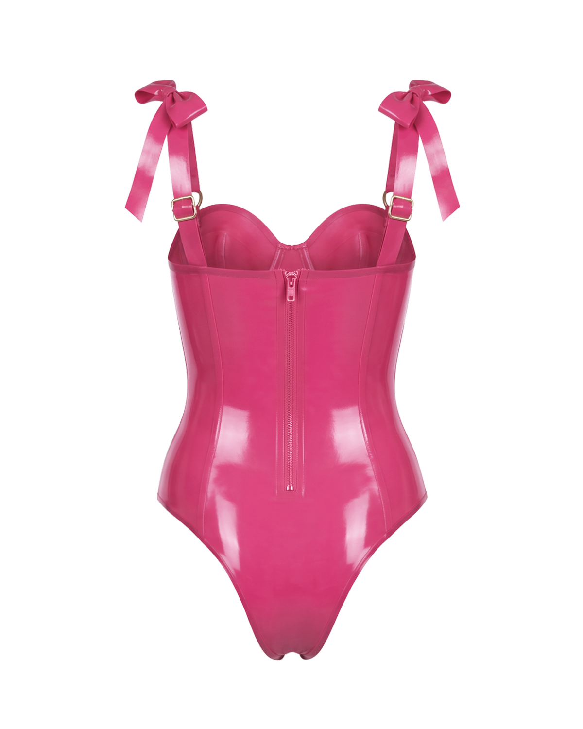 A vivid fuchsia latex bodysuit by Ribcage, featuring a sweetheart neckline with a center bow, structured bow shoulder straps, and a high-cut leg silhouette.