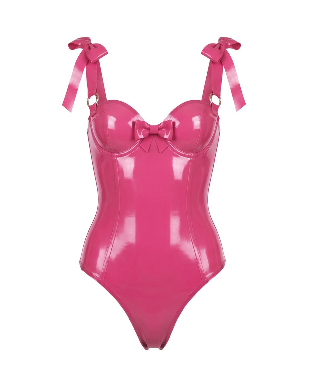 A vivid fuchsia latex bodysuit by Ribcage, featuring a sweetheart neckline with a center bow, structured bow shoulder straps, and a high-cut leg silhouette.