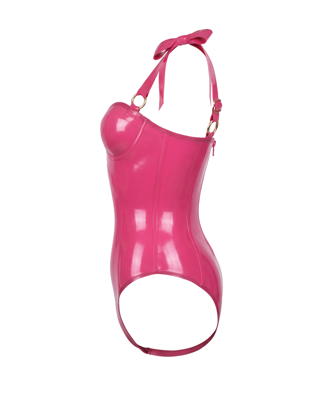 A vivid fuchsia latex bodysuit by Ribcage, featuring a sweetheart neckline with a center bow, structured bow shoulder straps, and a high-cut leg silhouette.