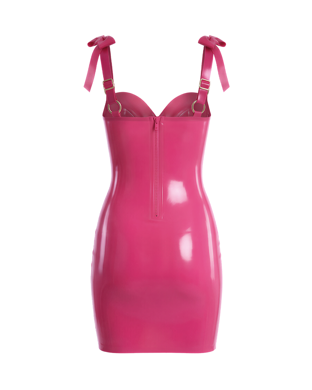 A back view of the high-shine vivid fuchsia latex bodycon slip dress by Ribcage, featuring a full-length back zipper closure and metallic pink structural bows on the shoulder straps, displayed on a clean white background.