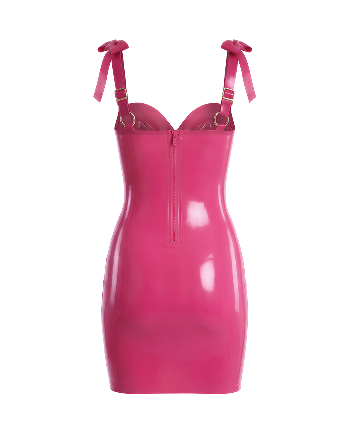 A back view of the high-shine vivid fuchsia latex bodycon slip dress by Ribcage, featuring a full-length back zipper closure and metallic pink structural bows on the shoulder straps, displayed on a clean white background.