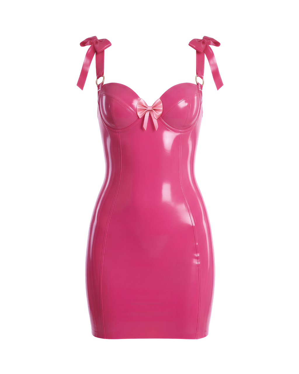 A front view of the high-shine vivid fuchsia latex bodycon slip dress by Ribcage, featuring a sweetheart neckline with structural piping, a metallic pink center bow, and matching metallic pink structural bows on the shoulder straps, displayed on a clean white background.