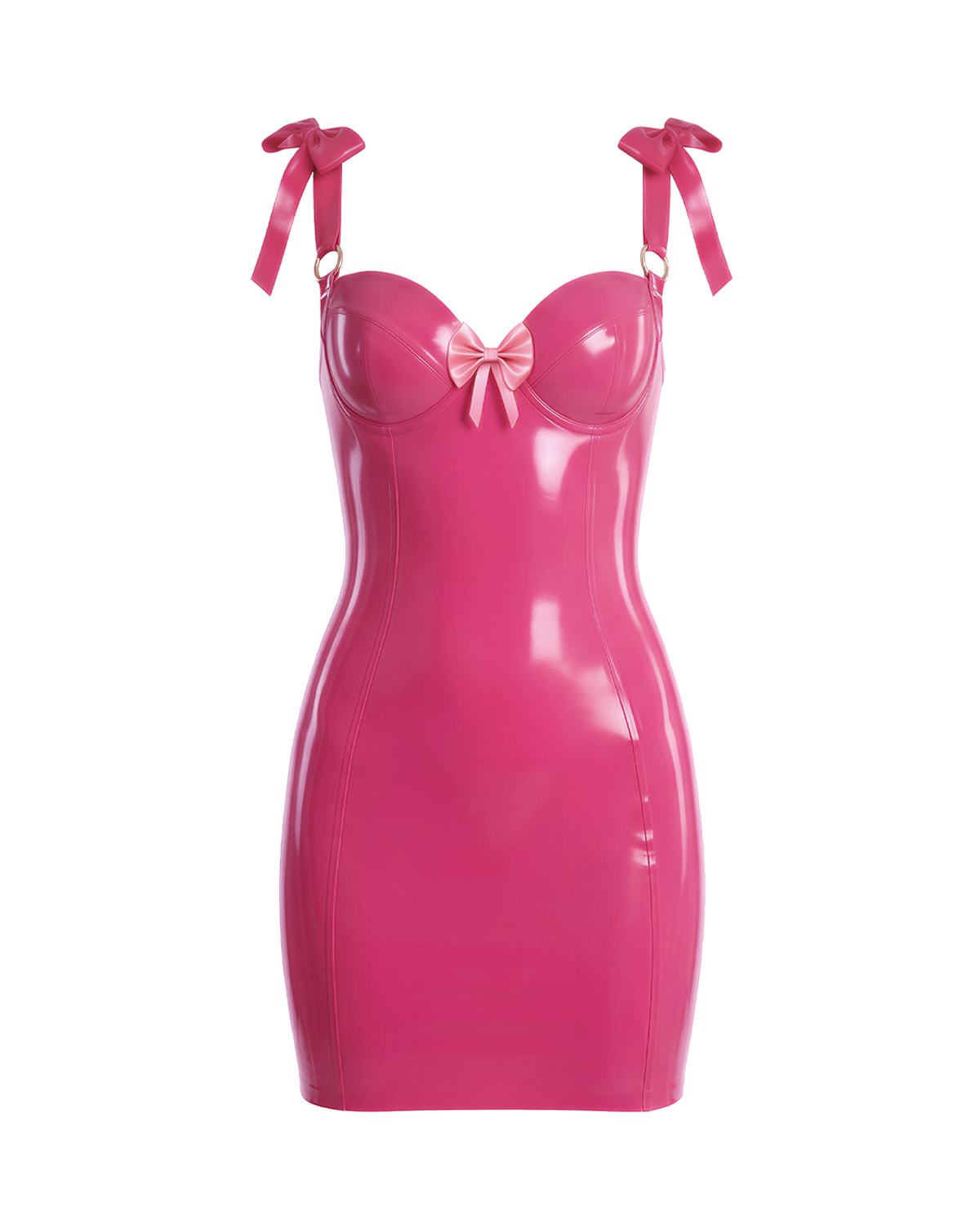 A front view of the high-shine vivid fuchsia latex bodycon slip dress by Ribcage, featuring a sweetheart neckline with structural piping, a metallic pink center bow, and matching metallic pink structural bows on the shoulder straps, displayed on a clean white background.