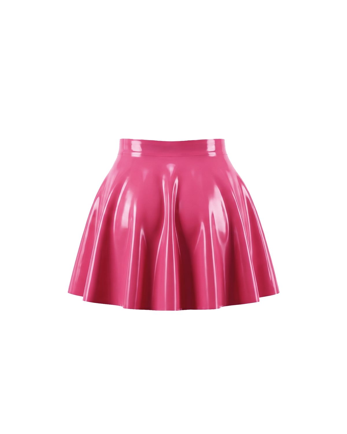 A back view of the high-shine vivid fuchsia latex short skirt by Ribcage, highlighting the seamless construction of the flared A-line silhouette, displayed on a clean white background.