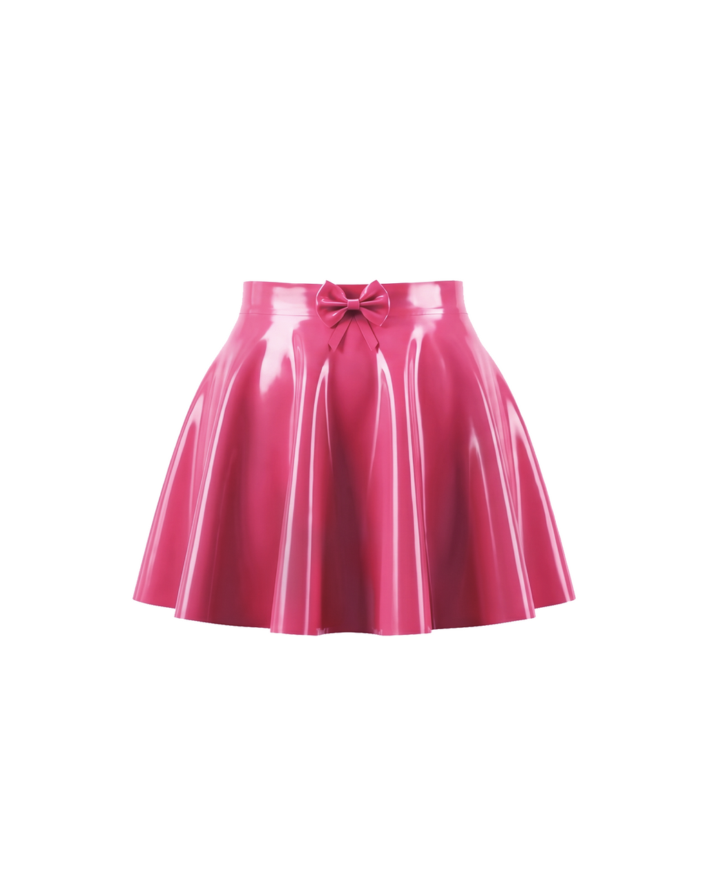 A front view of the high-shine vivid fuchsia latex short skirt by Ribcage, featuring a high-waisted flared A-line silhouette with a delicate center bow at the waistband, displayed on a clean white background.