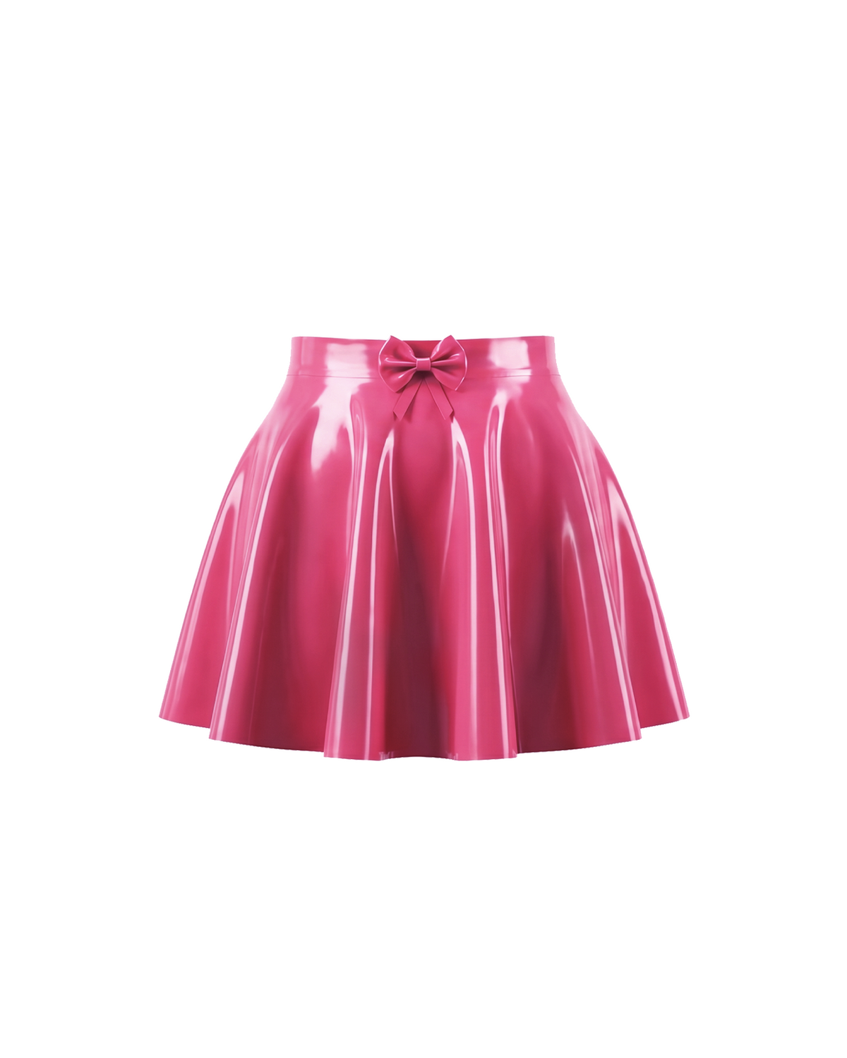 A front view of the high-shine vivid fuchsia latex short skirt by Ribcage, featuring a high-waisted flared A-line silhouette with a delicate center bow at the waistband, displayed on a clean white background.