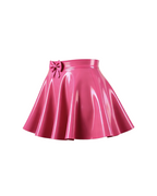A side view of the high-shine vivid fuchsia latex short skirt by Ribcage, highlighting the voluminous, softly pleated drape of the flared A-line silhouette, displayed on a clean white background.