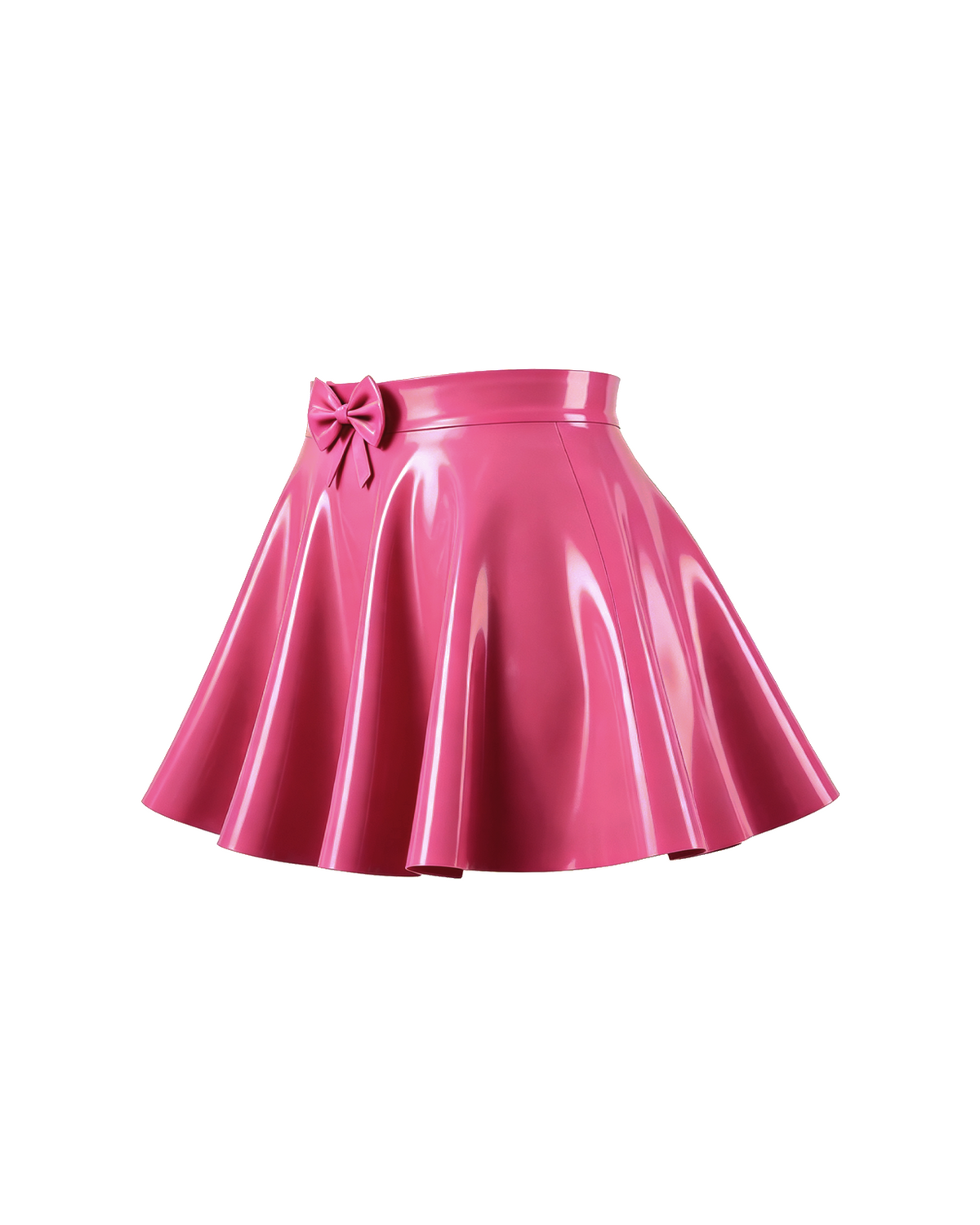 A side view of the high-shine vivid fuchsia latex short skirt by Ribcage, highlighting the voluminous, softly pleated drape of the flared A-line silhouette, displayed on a clean white background.