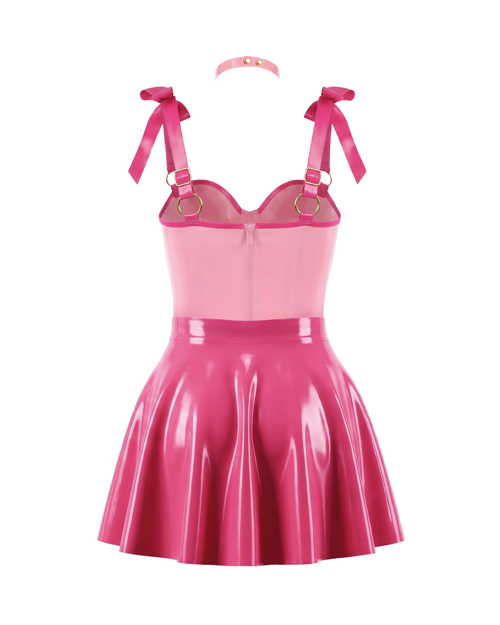 A back view of the high-shine two-tone pink latex three-piece ensemble by Ribcage, highlighting the metallic pink Fondant Bodysuit with a back zipper, the vivid fuchsia high-waisted Fondant Skirt, and the matching metallic pink Eloise Bow Choker.