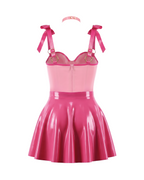 A back view of the high-shine two-tone pink latex three-piece ensemble by Ribcage, highlighting the metallic pink Fondant Bodysuit with a back zipper, the vivid fuchsia high-waisted Fondant Skirt, and the matching metallic pink Eloise Bow Choker.