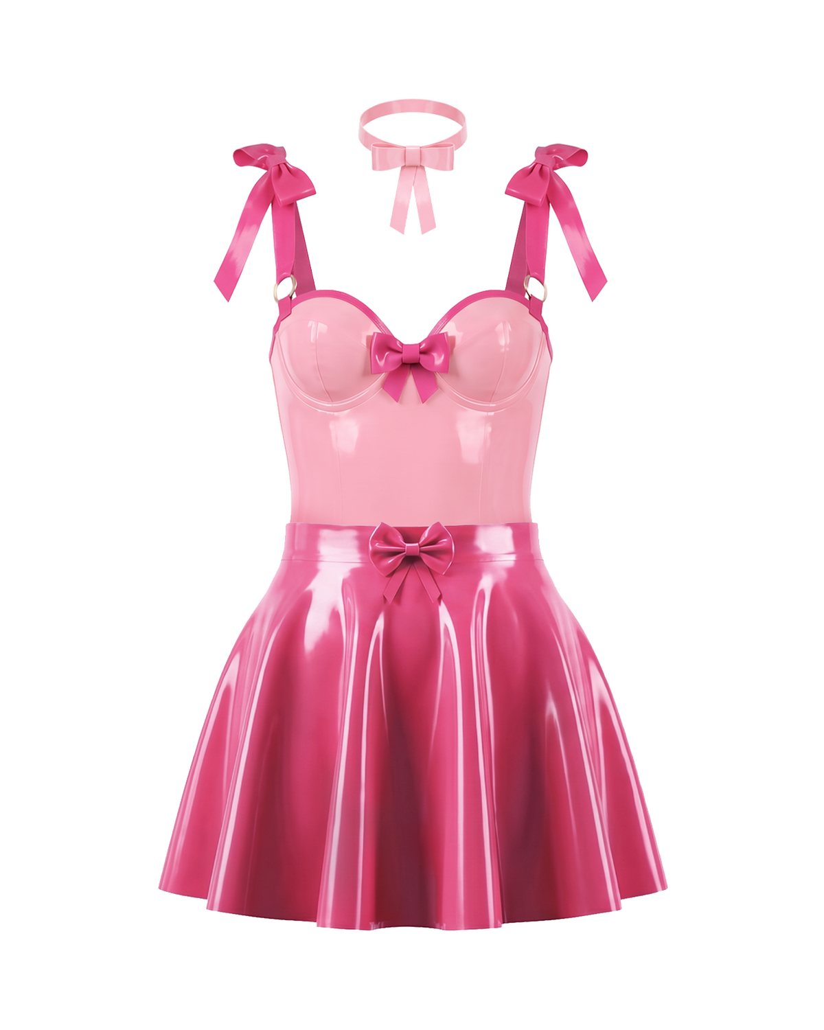 A front view of the high-shine two-tone pink latex three-piece ensemble by Ribcage, featuring a metallic pink Fondant Bodysuit with a sweetheart neckline, a vivid fuchsia high-waisted Fondant Skirt, and a matching metallic pink Eloise Bow Choker.