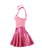A side view of the high-shine two-tone pink latex three-piece ensemble by Ribcage, highlighting the metallic pink Fondant Bodysuit, the vivid fuchsia high-waisted Fondant Skirt, and the matching metallic pink Eloise Bow Choker.
