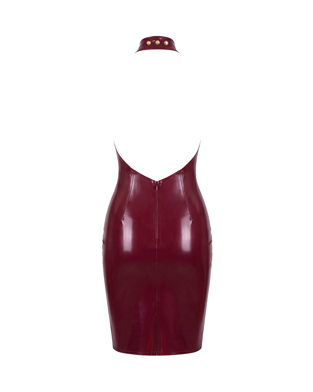 A flat-lay view of the high-shine burgundy red latex mock-neck dress by Ribcage, shown from the back with a matching detached choker-style collar featuring gold studs. It highlights the deep open back and the vertical full-length back zipper.