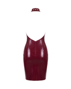A flat-lay view of the high-shine burgundy red latex mock-neck dress by Ribcage, shown from the back with a matching detached choker-style collar featuring gold studs. It highlights the deep open back and the vertical full-length back zipper.