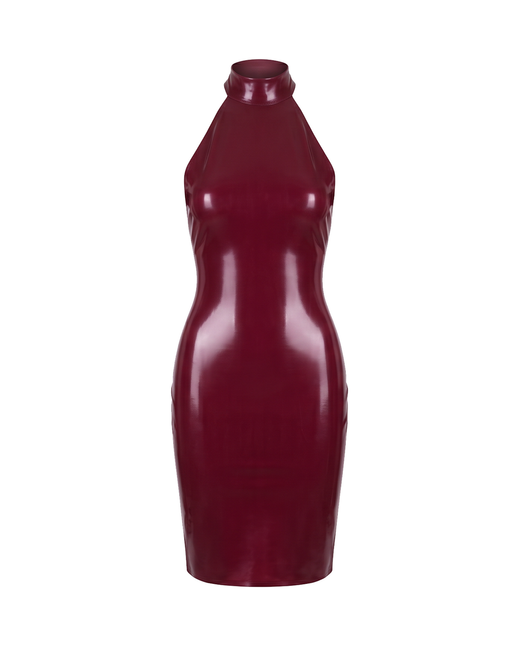 A high-shine burgundy red latex mock-neck dress by Ribcage, featuring a structured high collar, a dramatic open-back design, and a compressive second-skin pencil silhouette.